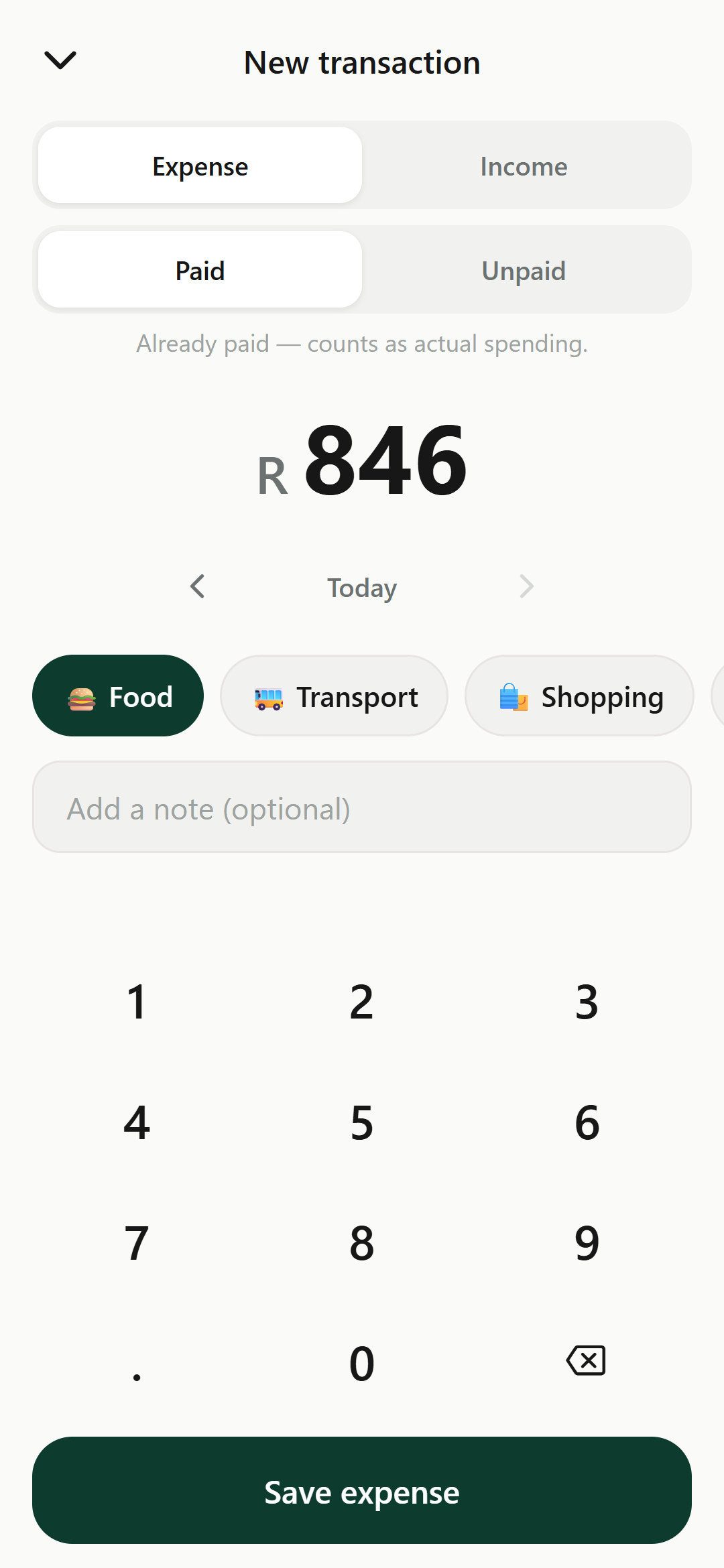 Spent app new transaction screen with amount keypad and category picker