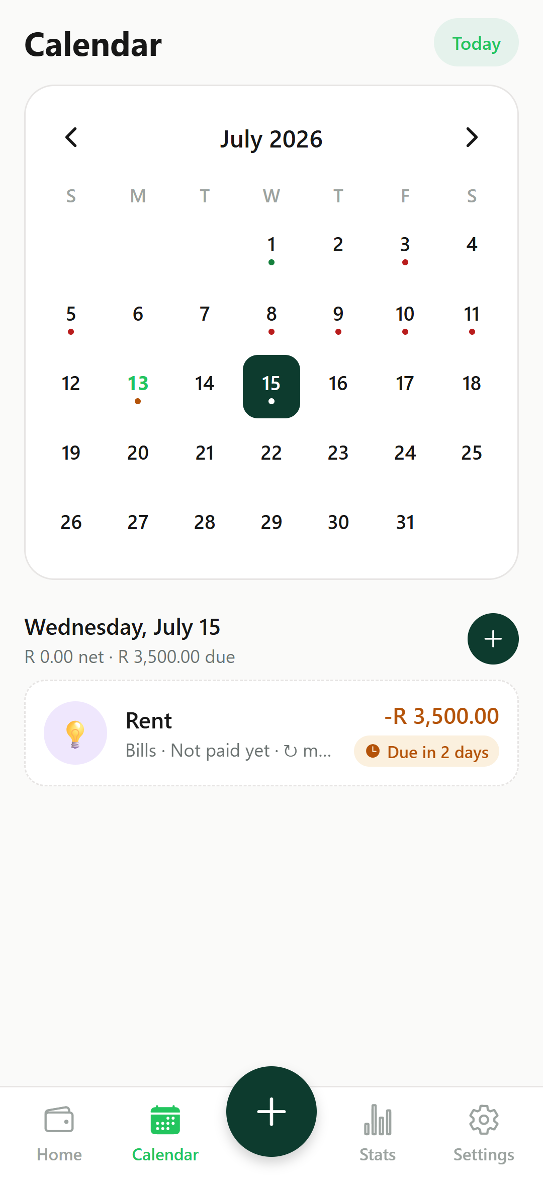 Spent app calendar view for July 2026 showing rent due in 2 days