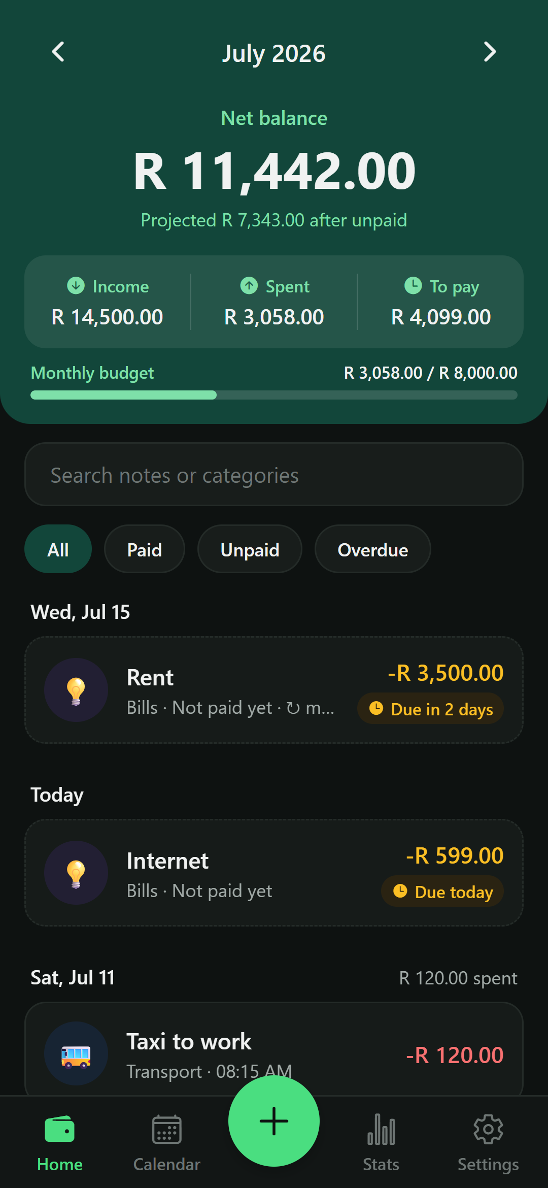 Spent app home screen showing net balance of R11,442.00, income, spending, and monthly budget