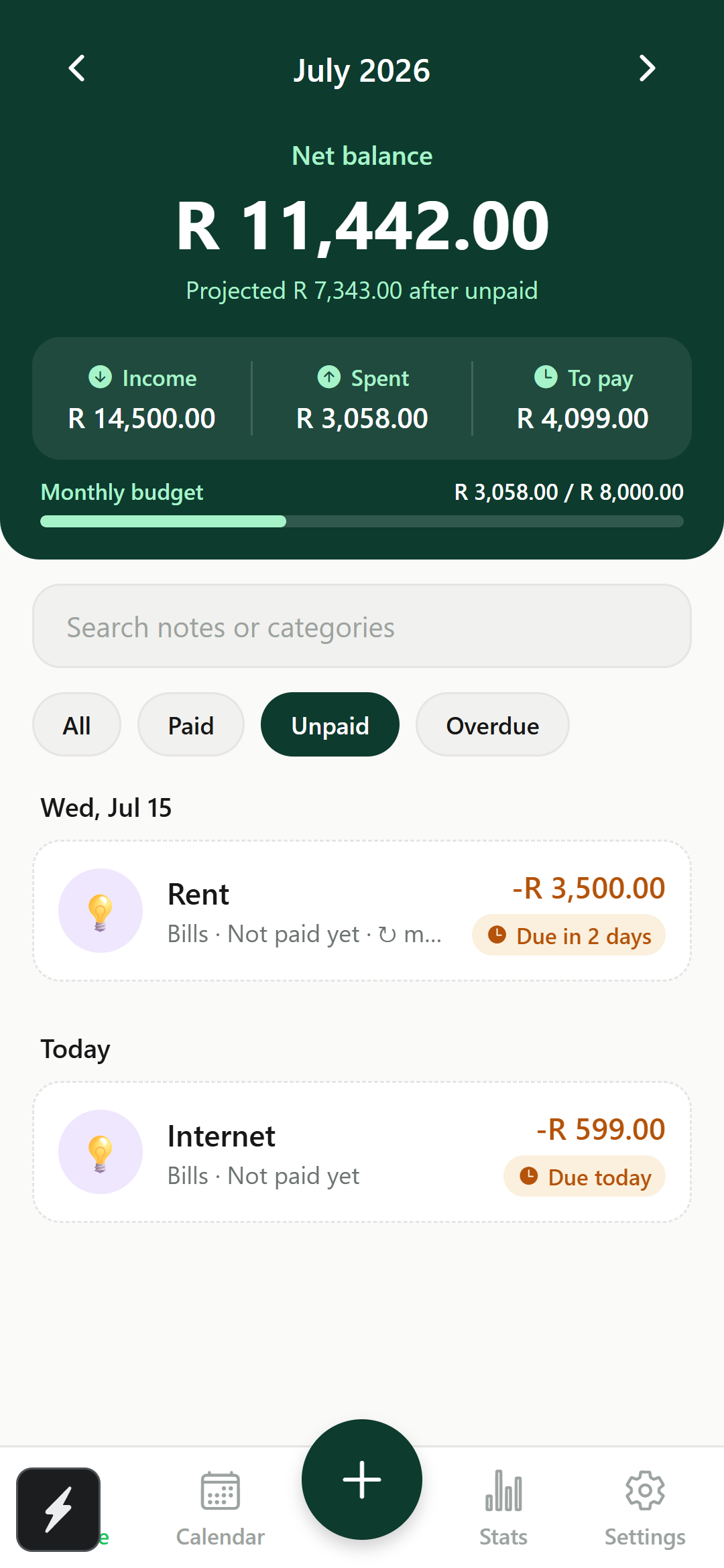 Spent app filtered to unpaid transactions, showing rent and internet bills due
